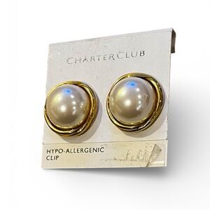 Vintage Charter Club Gold Tone Faux Pearl Clip On Earrings